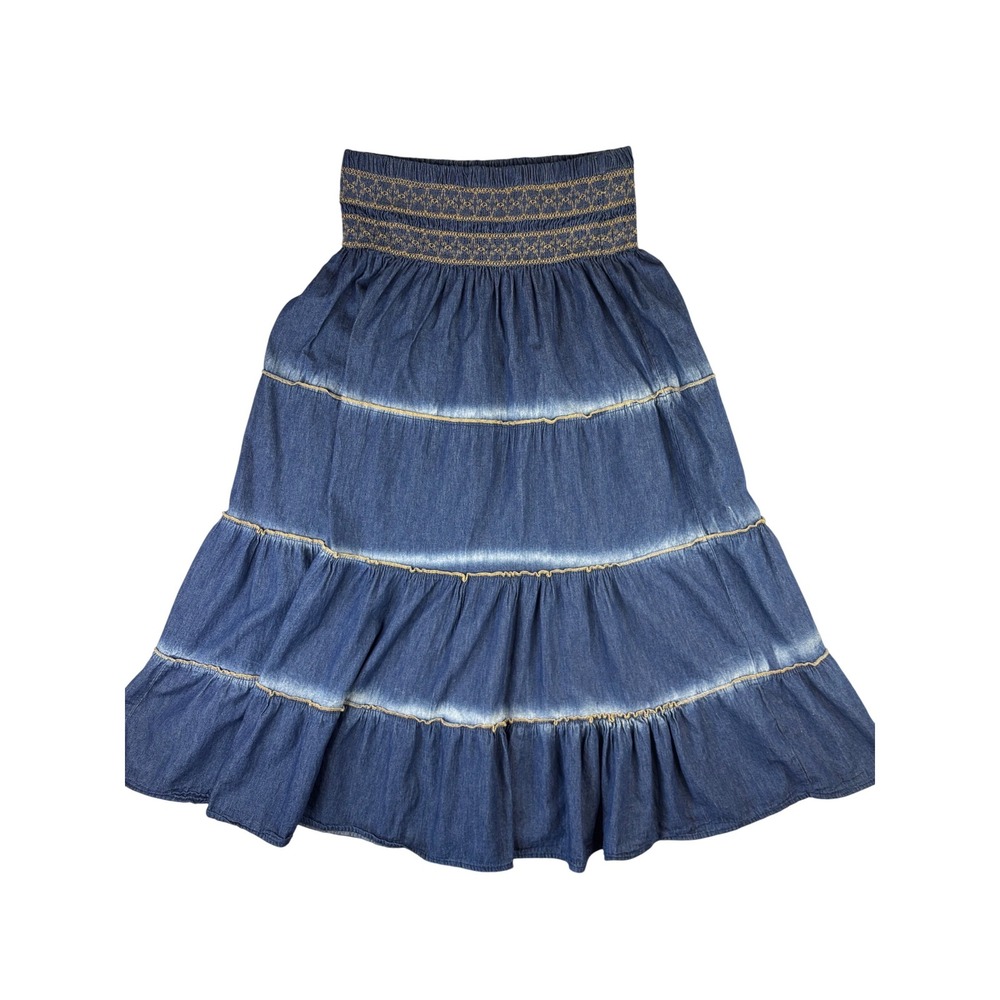Indigo & Lace Womens Blue & White Maxi Skirt Smocked Waist Boho Western Size Med